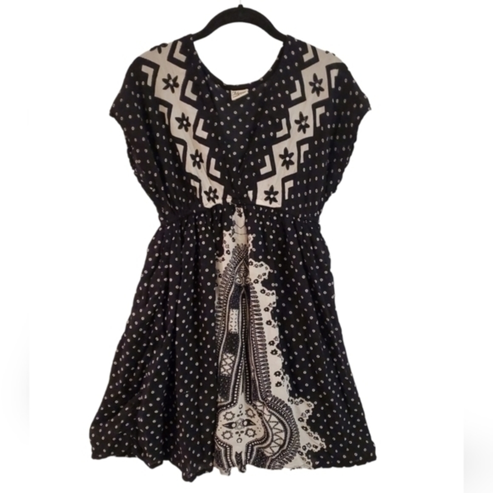 Advanced Apparel Black White High Waist V-Neck Batik Linen Pullover Dress Small
